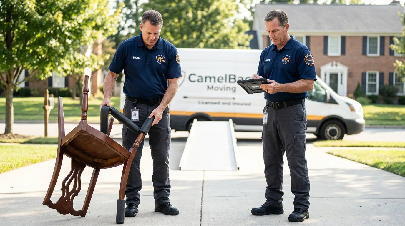 Movers inspecting furniture for damage prevention before loading in Chinle, AZ